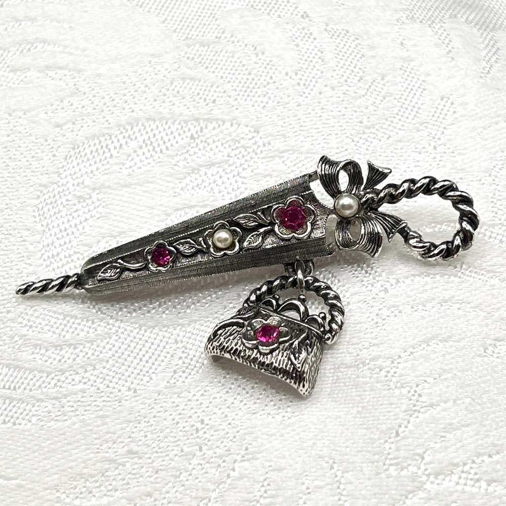 Vintage Silver Tone Umbrella Brooch w/ Dangling Purse Charm